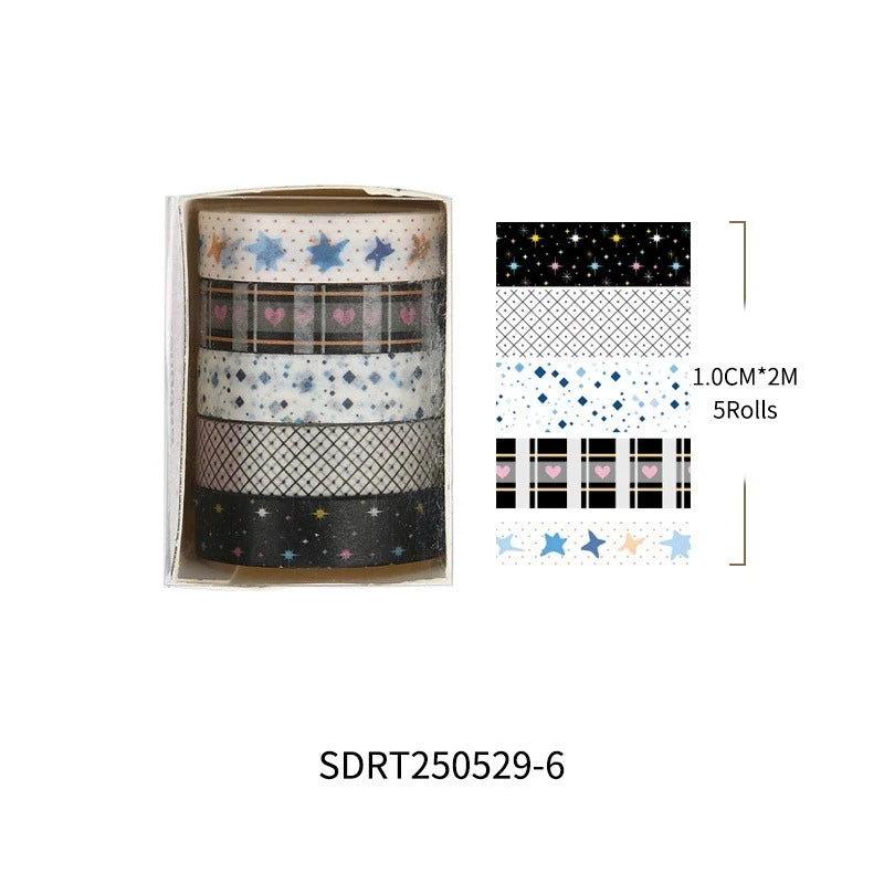 5-Roll Grid & Star Washi Tape Set ♡ Cozy Journaling Decor