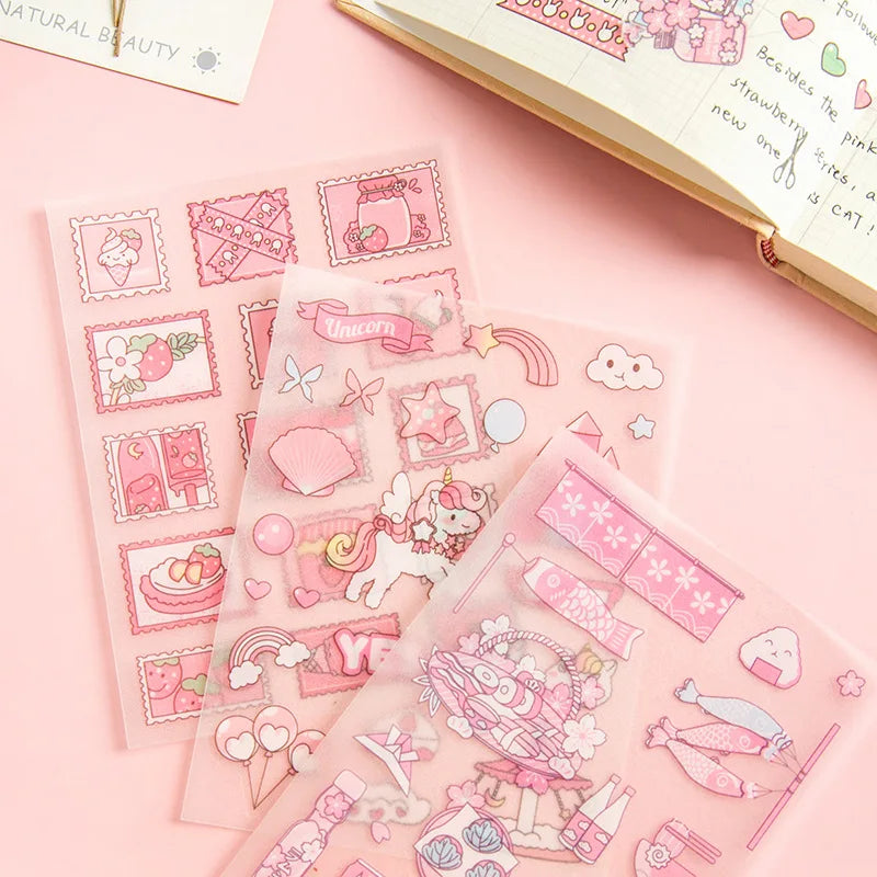 Kawaii 4Pcs Pink PET Decorative Stickers Pack ♡ Scrapbooking & Journaling Stickers